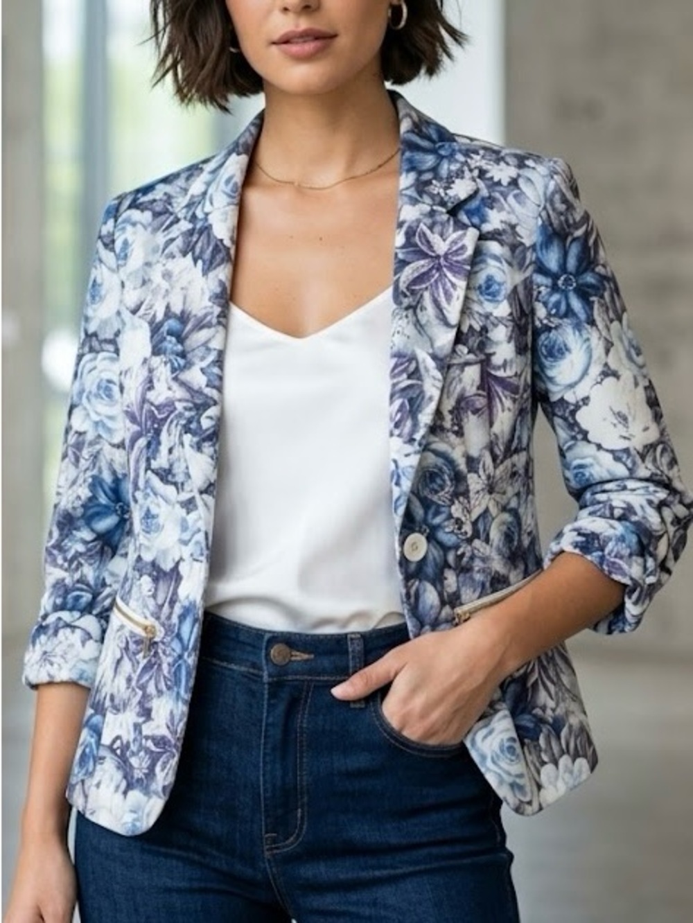 Another Story Blue Floral Rose Ruched Sleeve Blazer Romantic Lightweight Chic